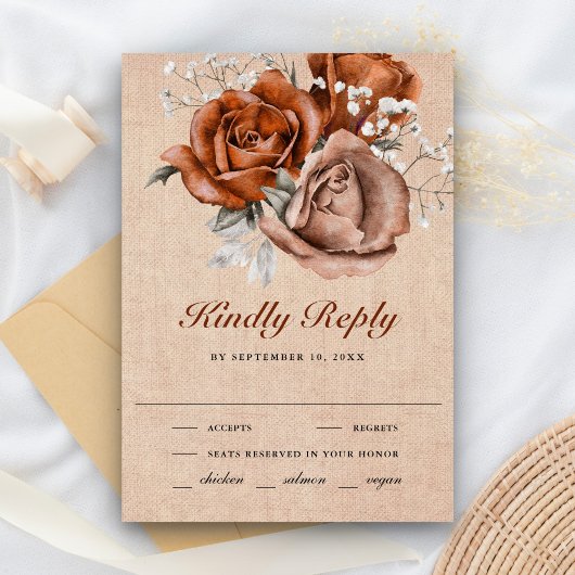 Rustic Burlap Burnt Orange Rose Terracotta Wedding RSVP Karte