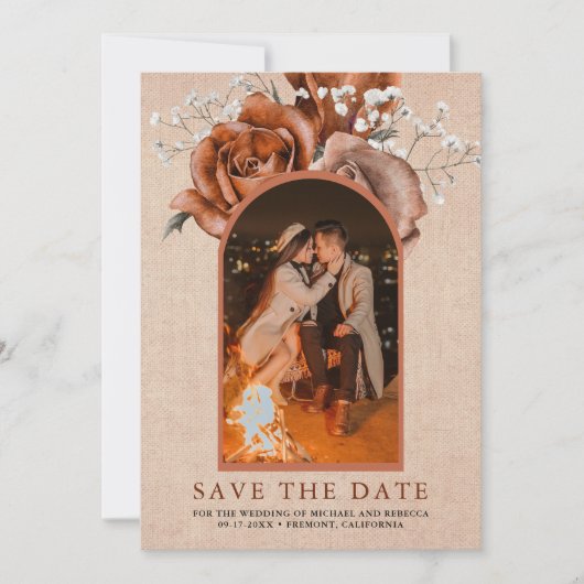 Rustic Burlap Burnt Orange Rose Terracotta Wedding Save The Date (Vorderseite)