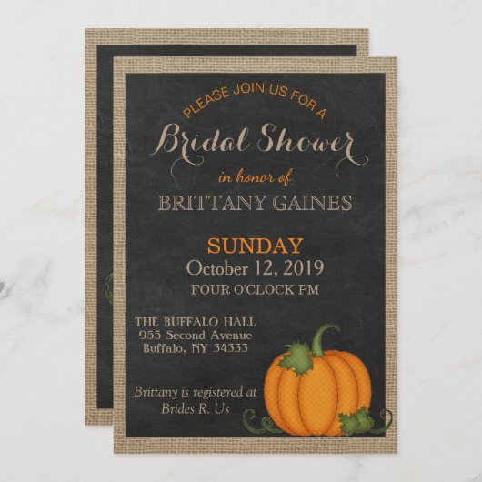 Rustic Burlap Chalkboard Orange Pumpkin Dusche Einladung (Vorne/Hinten)