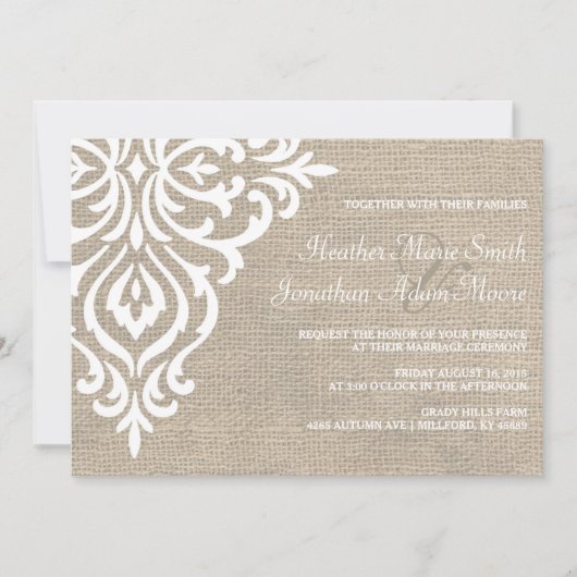 Rustic Burlap Damask Vintage Hochzeit Einladung (Vorderseite)