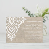 Rustic Burlap Damask Vintage Hochzeit Einladung (Stehend Vorderseite)