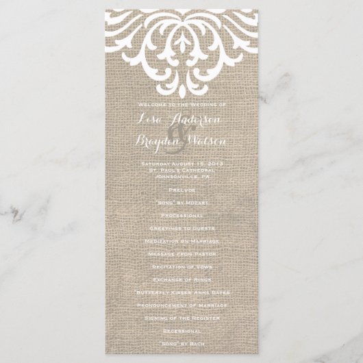 Rustic Burlap Damask Vintage Wedding Program Programm (Vorderseite)
