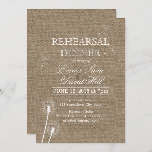 Rustic Burlap Dandela Probe Dinner Einladung (Vorne/Hinten)