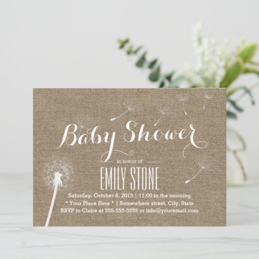 Rustic Burlap Dandelion Baby Shower Einladungen (Stehend Vorderseite)