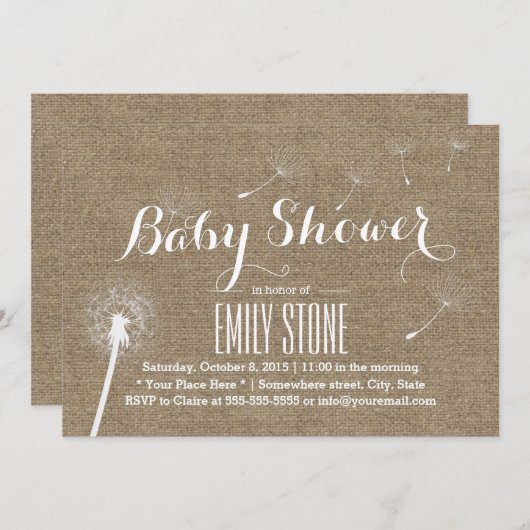 Rustic Burlap Dandelion Baby Shower Einladungen (Vorne/Hinten)