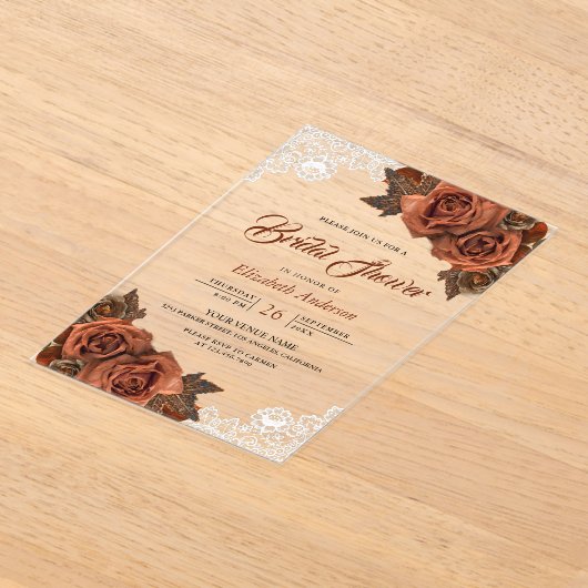Rustic Burlap Dusty Terracotta Rose Bridal Shower Acryleinladungen (Ablage )