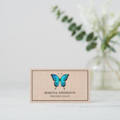 Rustic Burlap Elegant Blue Butterfly Visitenkarte (Stehend Vorderseite)