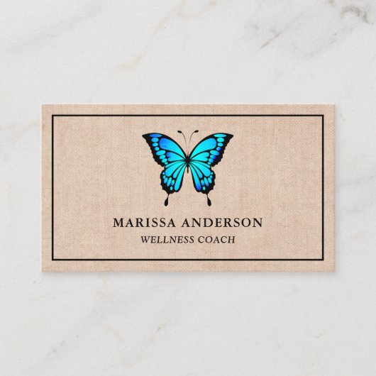 Rustic Burlap Elegant Blue Butterfly Visitenkarte (Vorderseite)