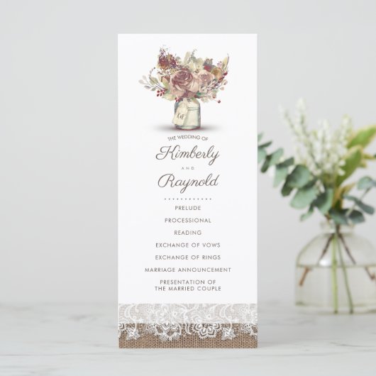 Rustic Burlap Floral Mason Jar WedPrograms Programm (Stehend Vorderseite)
