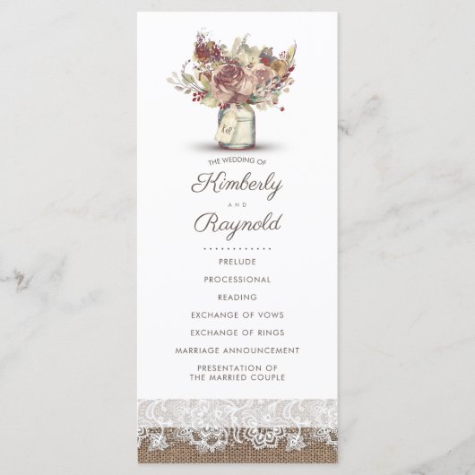 Rustic Burlap Floral Mason Jar WedPrograms Programm (Vorderseite)