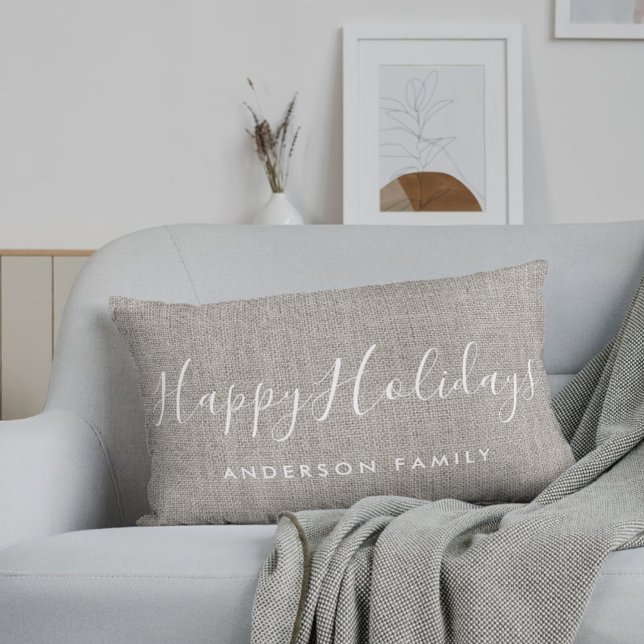 Rustic Burlap Happy Holidays Familienname Lendenkissen (Von Creator hochgeladen)
