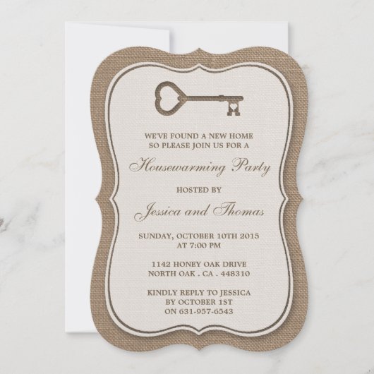 Rustic Burlap Heart Key New Zuhause Housewarming Einladung (Vorderseite)