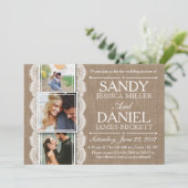 Rustic Burlap & Lace 3 Custom Foto Polterabend Einladung (Stehend Vorderseite)