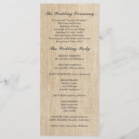 Rustic Burlap Lace Coral Ribbon Wedding Programm (Rückseite)