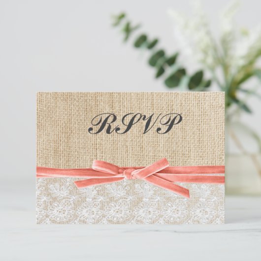 Rustic Burlap Lace Coral Ribbon Wedding RSVP (Stehend Vorderseite)