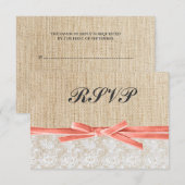 Rustic Burlap Lace Coral Ribbon Wedding RSVP Karte (Vorne/Hinten)