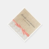 Rustic Burlap Lace Coral Ribbon Wedding Serviette (Ecke)