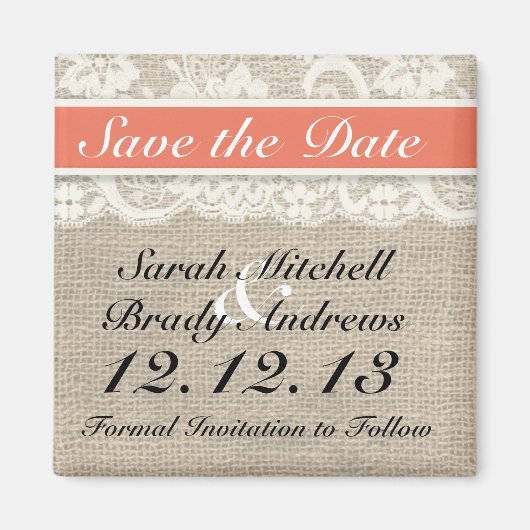 Rustic Burlap Lace Coral Speichern Sie das Date Ma Magnet (Vorne)
