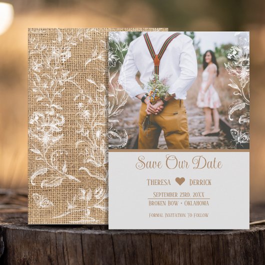 Rustic Burlap Lace Floral Foto Wedding Save The Date
