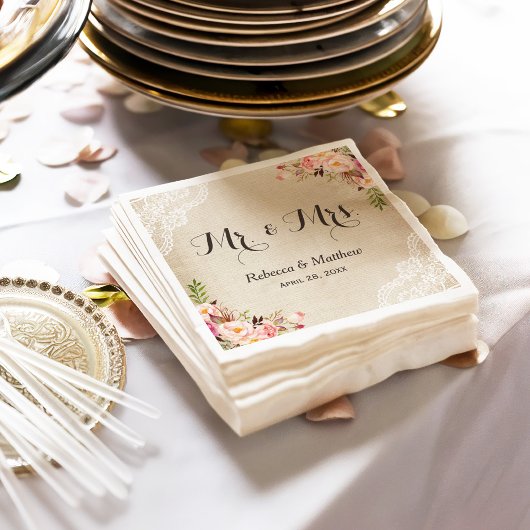 Rustic Burlap Lace Floral Mr. und Mrs. Wedding Serviette