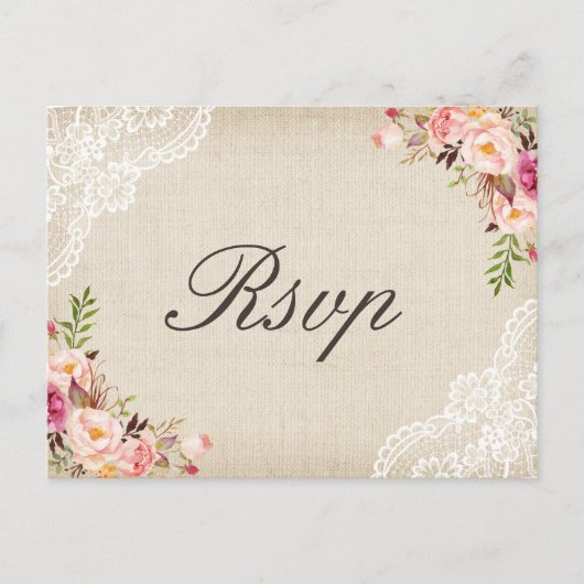 Rustic Burlap Lace Floral Wedding RSVP Einladungspostkarte (Vorderseite)