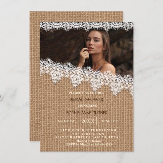 Rustic Burlap Lace Foto Brautparty laden Einladung (Vorne/Hinten)