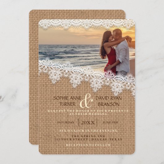 Rustic Burlap Lace Foto Hochzeit Einladung (Vorne/Hinten)
