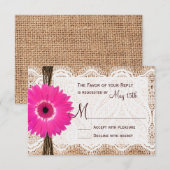 Rustic Burlap Lace Hot Pink Daisy Wedding RSVP Karte (Vorne/Hinten)