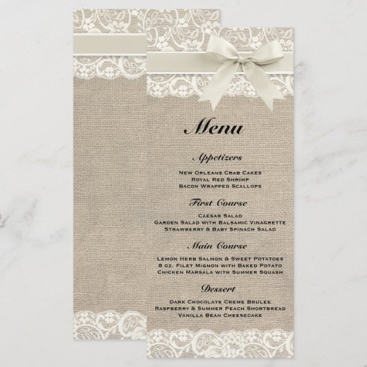 Rustic Burlap & Lace Ivory Wedding Menu Menükarte (Vorne/Hinten)