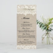 Rustic Burlap & Lace Ivory Wedding Menu Menükarte (Stehend Vorderseite)