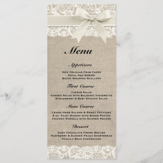 Rustic Burlap & Lace Ivory Wedding Menu Menükarte (Vorderseite)