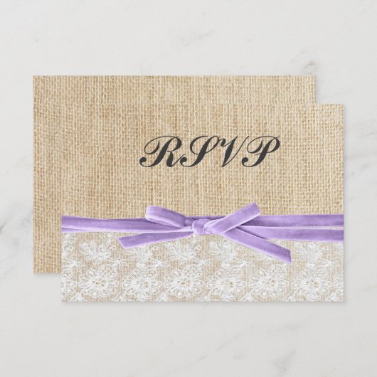 Rustic Burlap Lace Lavender Ribbon Wedding RSVP (Vorne/Hinten)