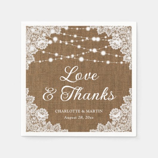 Rustic Burlap Lace Liebe und Danke Wedding Serviette (Vorderseite)