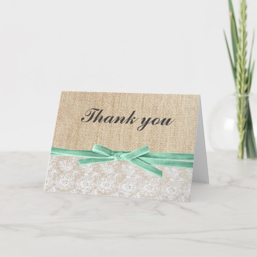 Rustic Burlap Lace Mint Ribbon Vielen Dank Dankeskarte (Vorderseite)