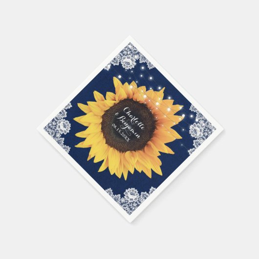 Rustic Burlap Lace Navy Blue und Sunflower Wedding Serviette (Ecke)
