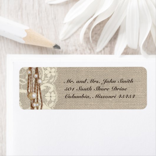 Rustic Burlap Lace Pearls Rücksendeadresse Label (Insitu)