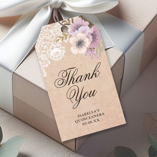 Rustic Burlap Lace Pink Floral Vielen Dank Geschenkanhänger