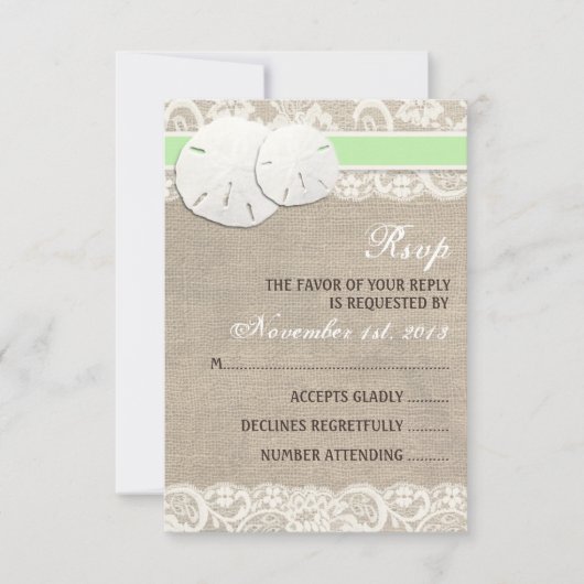 Rustic Burlap Lace RSVP Card am Strand - Green (Vorderseite)