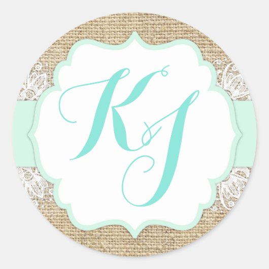 Rustic Burlap Lace Seafoam Baby Shooting Monogram Runder Aufkleber (Vorderseite)