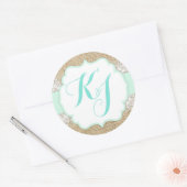 Rustic Burlap Lace Seafoam Baby Shooting Monogram Runder Aufkleber (Umschlag)
