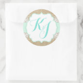 Rustic Burlap Lace Seafoam Baby Shooting Monogram Runder Aufkleber (Tasche)