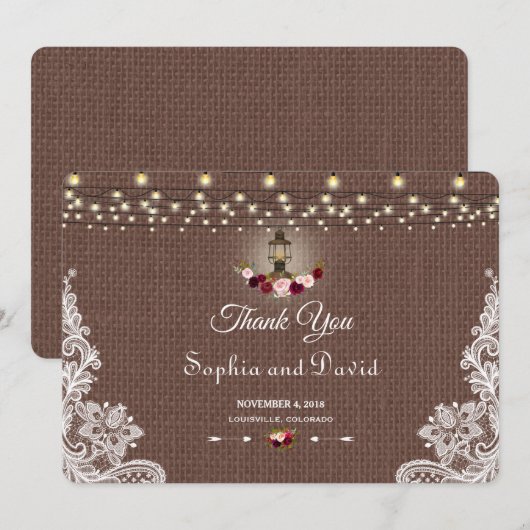 Rustic Burlap Lace String Lights Wedding Vielen Da Dankeskarte (Vorne/Hinten)