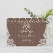 Rustic Burlap Lace String Lights Wedding Vielen Da Dankeskarte (Stehend Vorderseite)