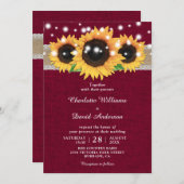 Rustic Burlap Lace Sunflower Burgundy Wedding Einladung (Vorne/Hinten)