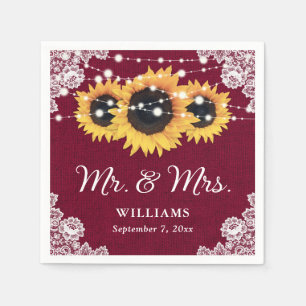 Rustic Burlap Lace Sunflower Burgundy Wedding Serviette