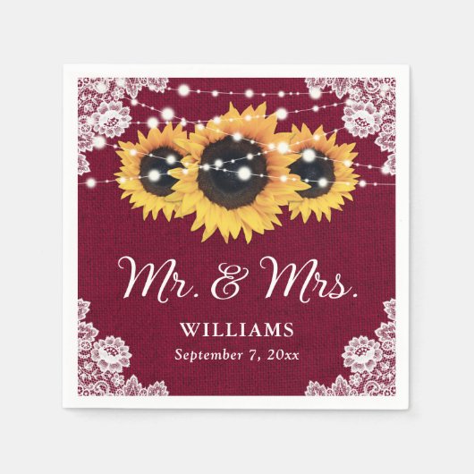 Rustic Burlap Lace Sunflower Burgundy Wedding Serviette (Vorderseite)