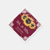 Rustic Burlap Lace Sunflower Burgundy Wedding Serviette (Ecke)