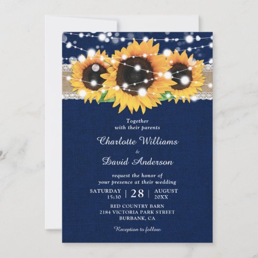 Rustic Burlap Lace Sunflower Navy Blue Wedding Einladung (Vorderseite)