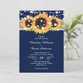 Rustic Burlap Lace Sunflower Navy Blue Wedding Einladung (Stehend Vorderseite)