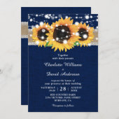 Rustic Burlap Lace Sunflower Navy Blue Wedding Einladung (Vorne/Hinten)